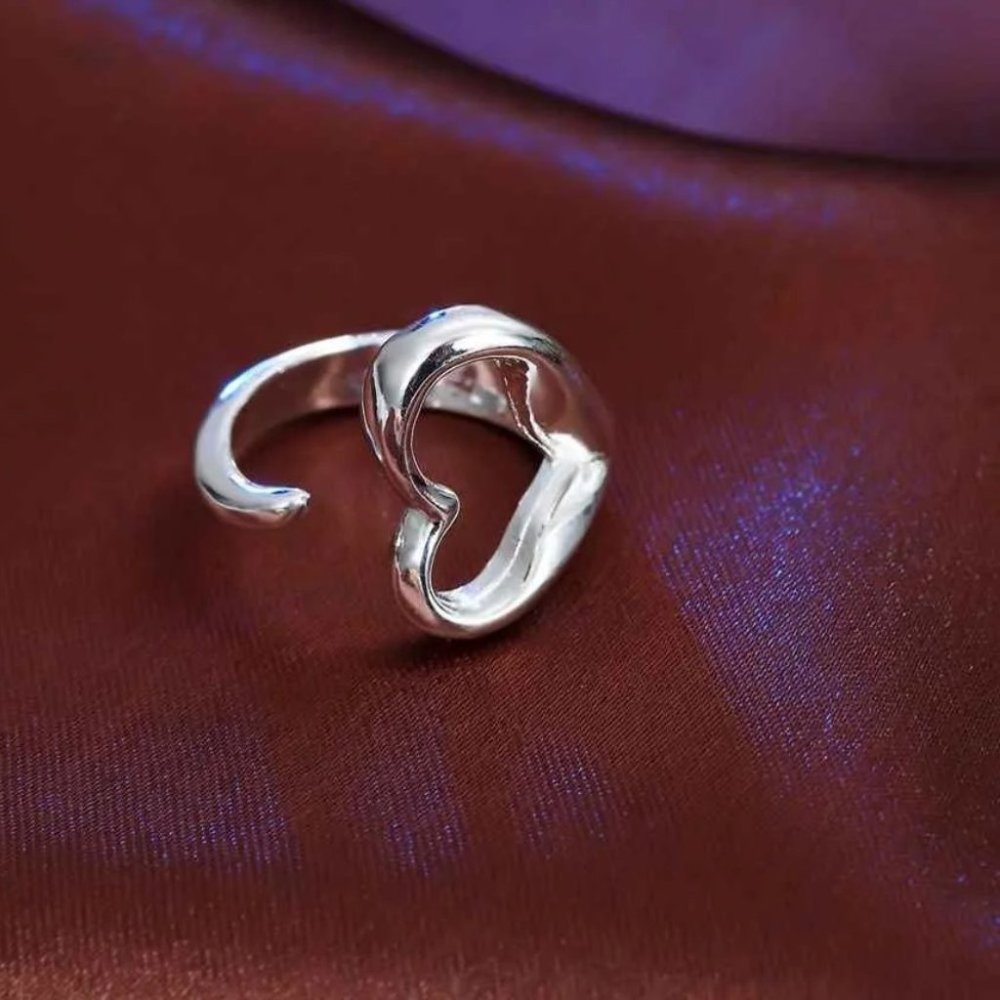 ❤️ 925 Sterling Silver Heart Band Ring Open Ring Ajustable Wide Band Line Rings - Picture 5 of 6
